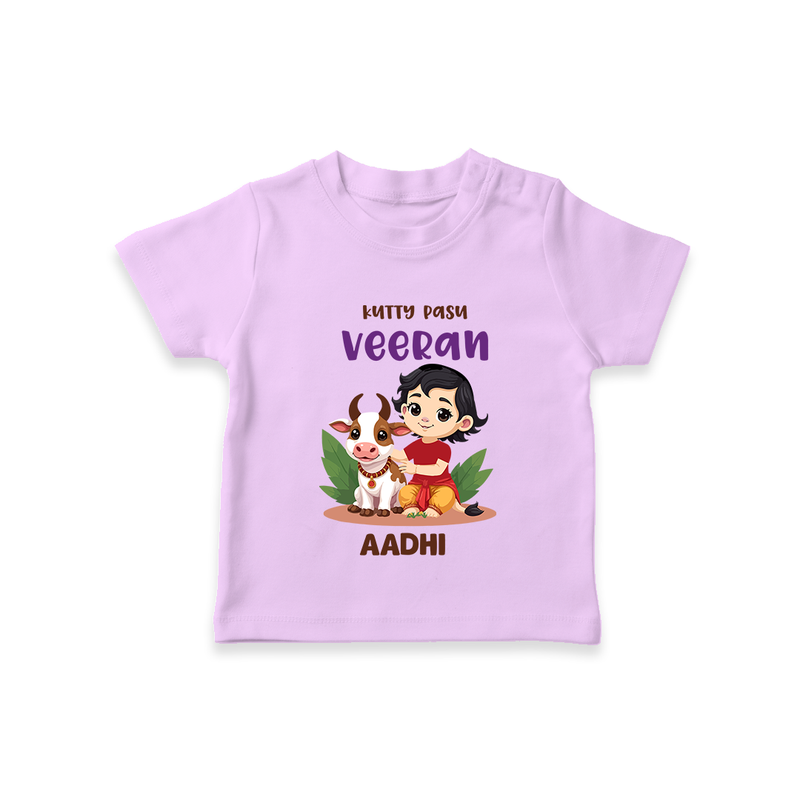 Happy Pongal - Kutty Pasu veeran Customized T-Shirt for Kids with Name - LILAC - 0-5 Months Old (Chest 17")