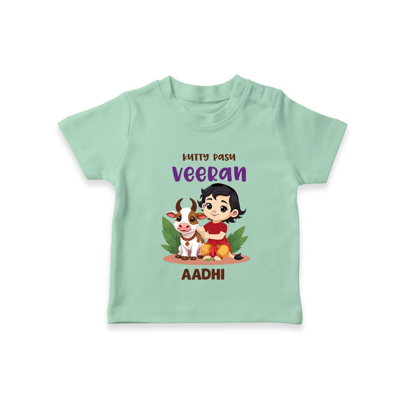 Happy Pongal - Kutty Pasu veeran Customized T-Shirt for Kids with Name - MINT GREEN - 0-5 Months Old (Chest 17")