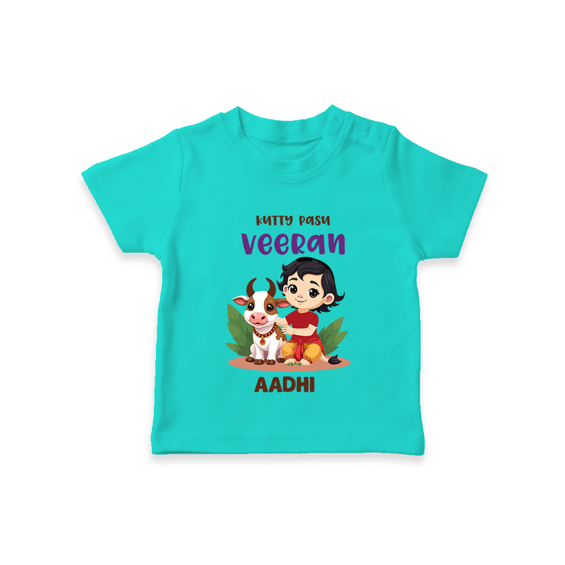 Happy Pongal - Kutty Pasu veeran Customized T-Shirt for Kids with Name - TEAL - 0-5 Months Old (Chest 17")