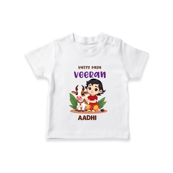 Happy Pongal - Kutty Pasu veeran Customized T-Shirt for Kids with Name - WHITE - 0-5 Months Old (Chest 17")