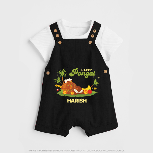 Happy Pongal - Celebrate This Pongal With Our Customized Dungaree Set for Kids with Name - BLACK - 0 - 5 Months Old (Chest 18")