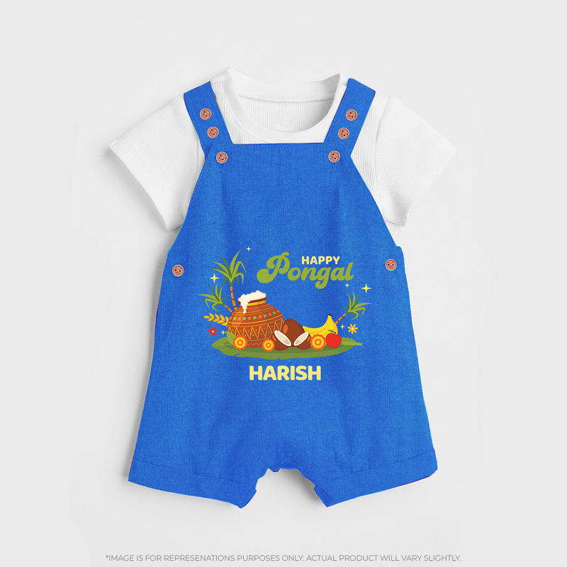 Happy Pongal - Celebrate This Pongal With Our Customized Dungaree Set for Kids with Name - COBALT BLUE - 0 - 5 Months Old (Chest 18")