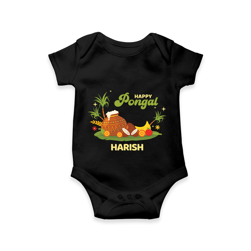 Happy Pongal - Celebrate This Pongal With Our Customized Romper for Babies with Name - BLACK - 0 - 3 Months Old (Chest 16")