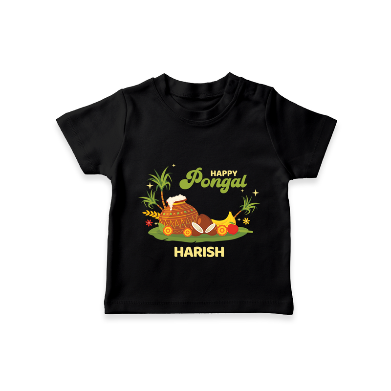 Happy Pongal - Celebrate This Pongal With Our Customized T-Shirt for Kids with Name - BLACK - 0-5 Months Old (Chest 17")