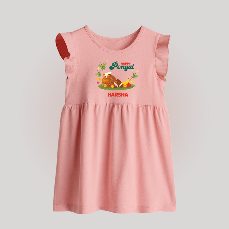 Happy Pongal - Celebrate This Pongal With Our Customized Baby Frock for Babies with Name - BABY PINK - 0 - 3 Months Old (Chest 17")