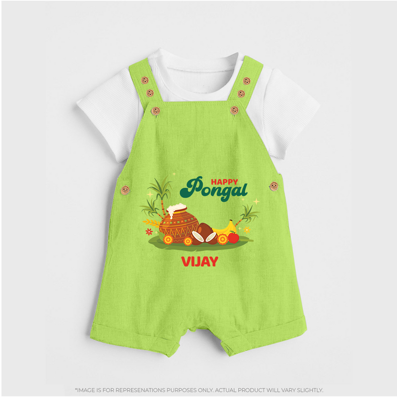 Happy Pongal - Celebrate This Pongal With Our Customized Dungaree Set for Kids with Name - GREEN - 0 - 5 Months Old (Chest 18")