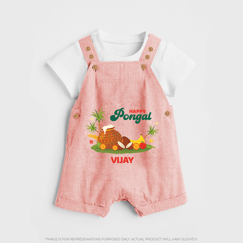 Happy Pongal - Celebrate This Pongal With Our Customized Dungaree Set for Kids with Name - PEACH - 0 - 5 Months Old (Chest 18")