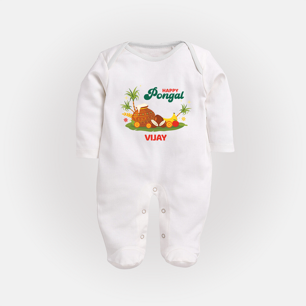 Happy Pongal - Celebrate This Pongal With Our Customized Sleep Suit for Babies with Name - WHITE - New Born (Chest 7.5")