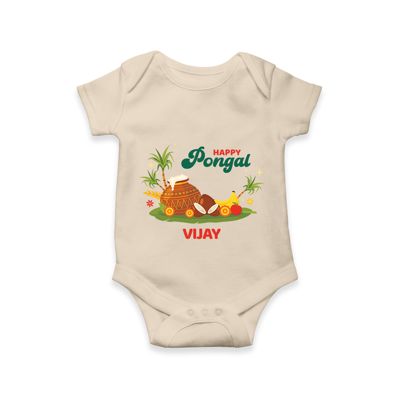 Happy Pongal - Celebrate This Pongal With Our Customized Romper for Babies with Name - IVORY - 0 - 3 Months Old (Chest 16")