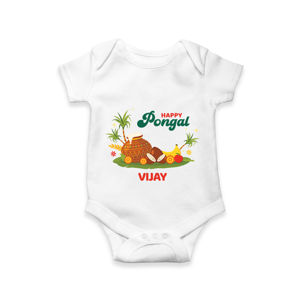 Happy Pongal - Celebrate This Pongal With Our Customized Romper for Babies with Name - WHITE - 0 - 3 Months Old (Chest 16")