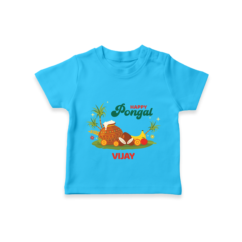 Happy Pongal - Celebrate This Pongal With Our Customized T-Shirt for Kids with Name - SKY BLUE - 0-5 Months Old (Chest 17")