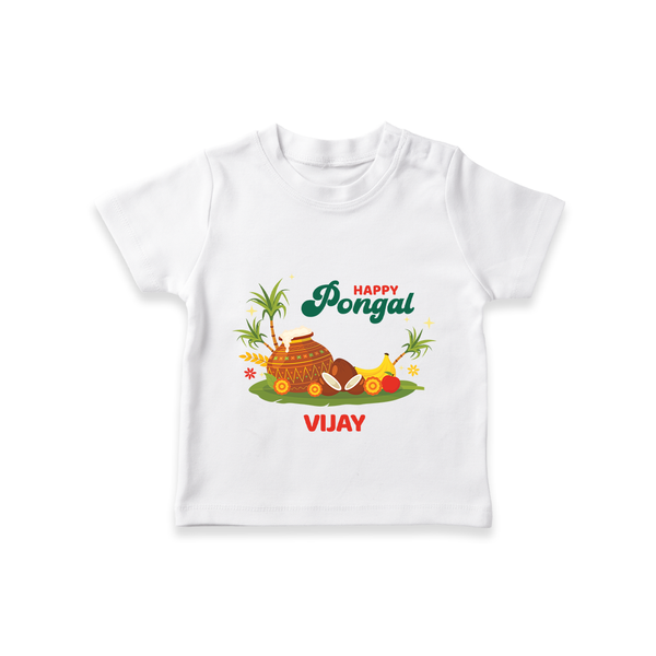 Happy Pongal - Celebrate This Pongal With Our Customized T-Shirt for Kids with Name - WHITE - 0-5 Months Old (Chest 17")