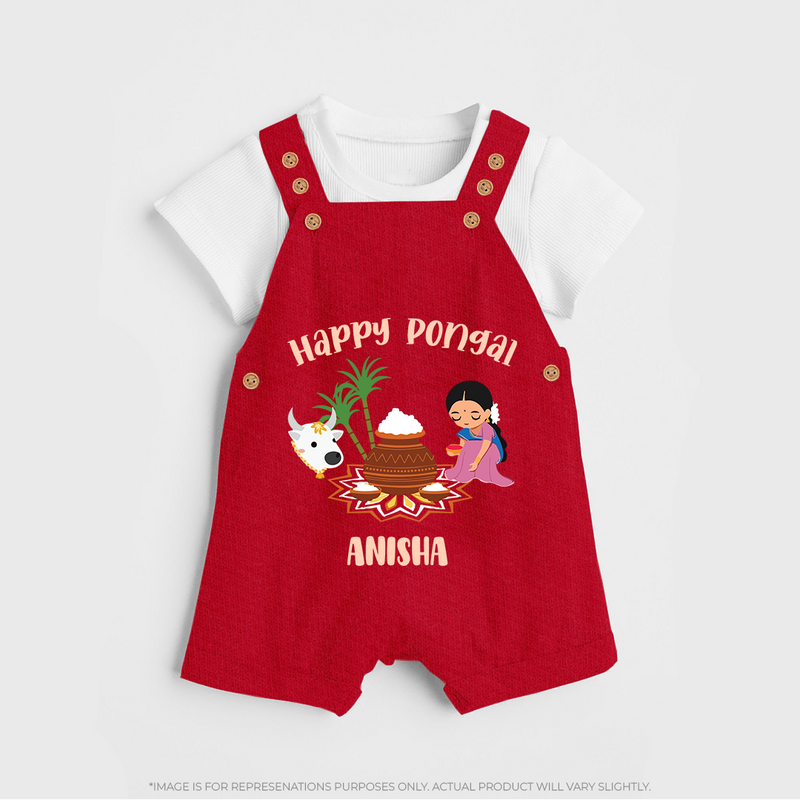 Happy Pongal - Festival Charm Customized Dungaree Set for Kids with Name - RED - 0 - 5 Months Old (Chest 18")