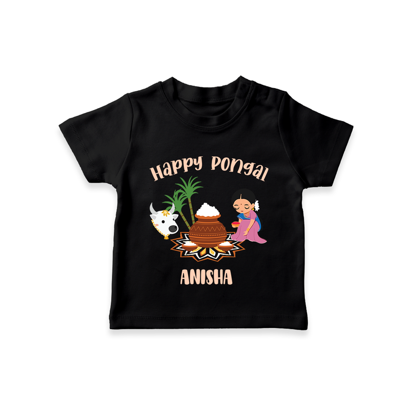 Happy Pongal - Festival Charm Customized T-Shirt for Kids with Name - BLACK - 0-5 Months Old (Chest 17")