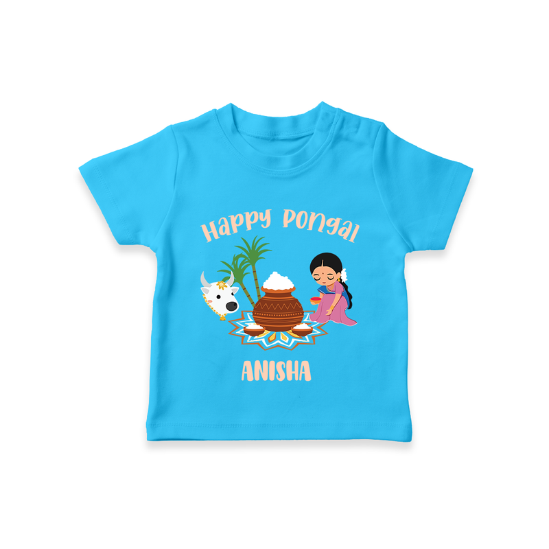 Happy Pongal - Festival Charm Customized T-Shirt for Kids with Name - SKY BLUE - 0-5 Months Old (Chest 17")