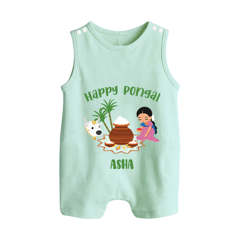 Happy Pongal - Festival Charm Customized Romper Suit for Babies with Name - MINT GREEN - 0 - 5 Months Old (Chest 18")