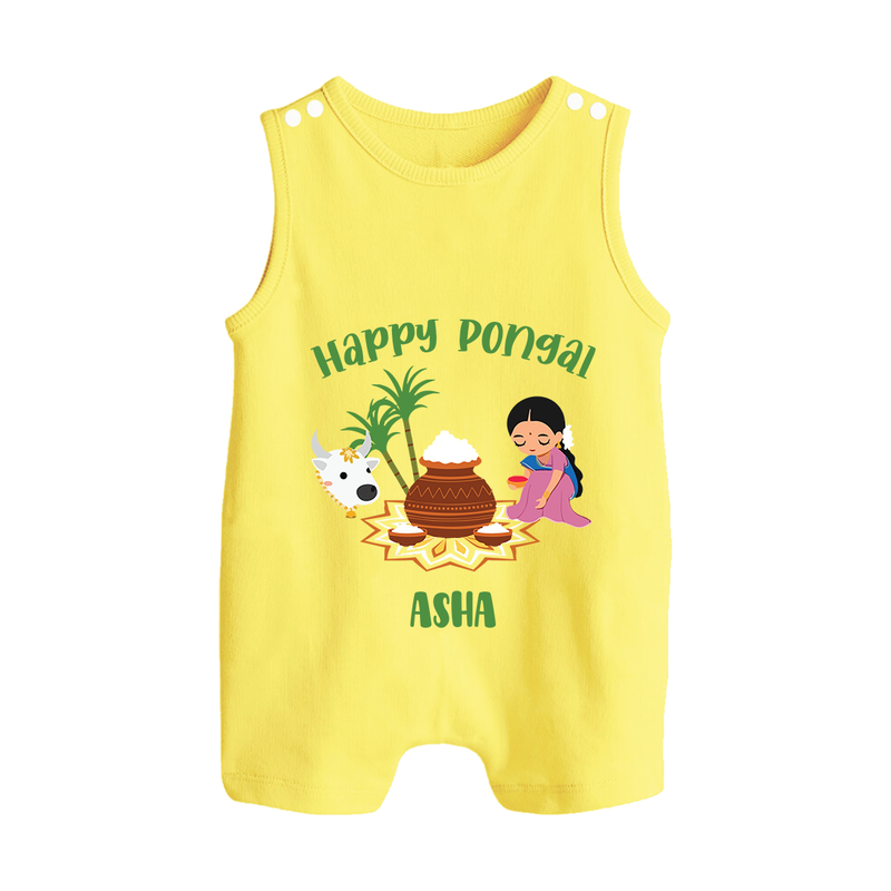 Happy Pongal - Festival Charm Customized Romper Suit for Babies with Name - PASTEL YELLOW - 0 - 5 Months Old (Chest 18")