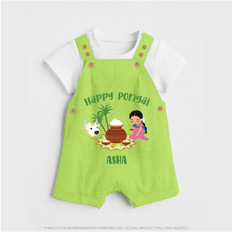 Happy Pongal - Festival Charm Customized Dungaree Set for Kids with Name - GREEN - 0 - 5 Months Old (Chest 18")