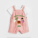 Happy Pongal - Festival Charm Customized Dungaree Set for Kids with Name - PEACH - 0 - 5 Months Old (Chest 18")