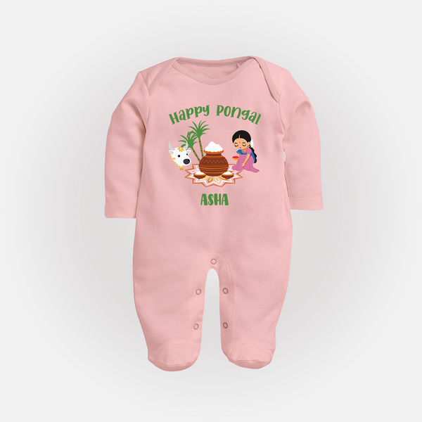 Happy Pongal - Festival Charm Customized Sleep Suit for Babies with Name - BABY PINK - New Born (Chest 7.5")