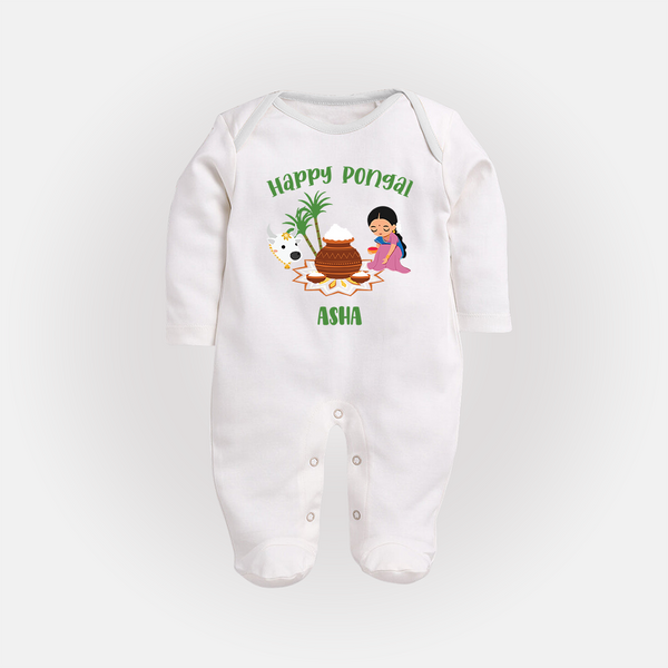 Happy Pongal - Festival Charm Customized Sleep Suit for Babies with Name - WHITE - New Born (Chest 7.5")