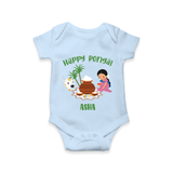 Happy Pongal - Festival Charm Customized Romper for Babies with Name - BABY BLUE - 0 - 3 Months Old (Chest 16")