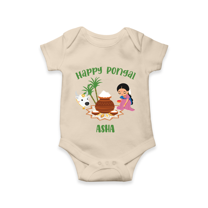 Happy Pongal - Festival Charm Customized Romper for Babies with Name - IVORY - 0 - 3 Months Old (Chest 16")