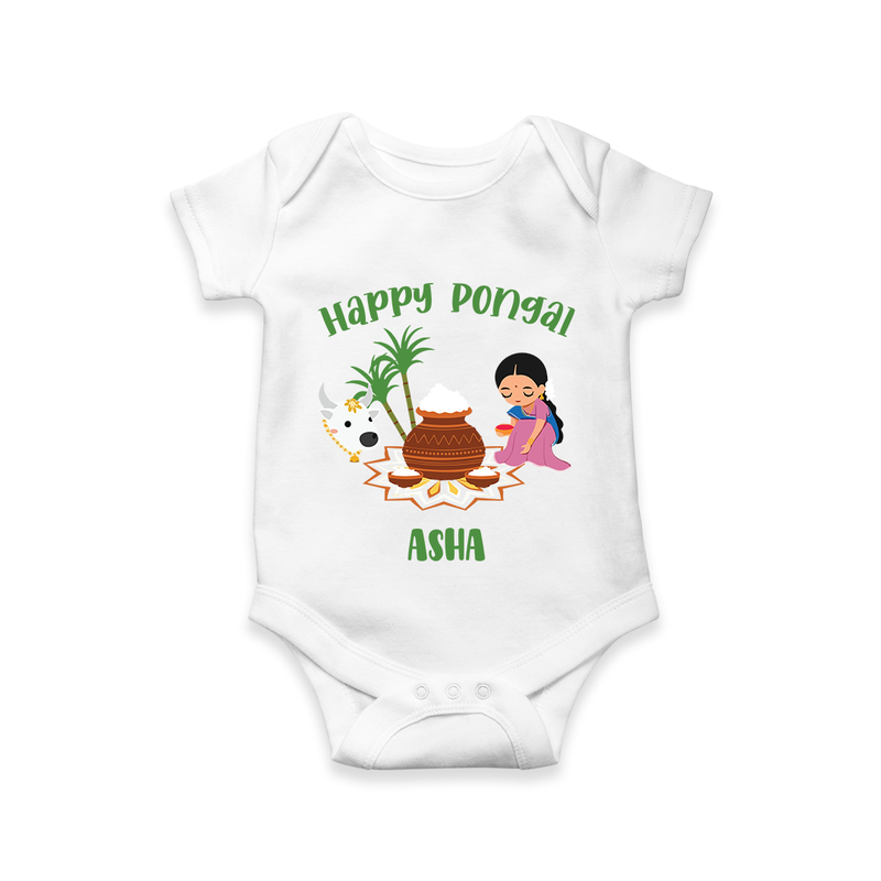 Happy Pongal - Festival Charm Customized Romper for Babies with Name - WHITE - 0 - 3 Months Old (Chest 16")