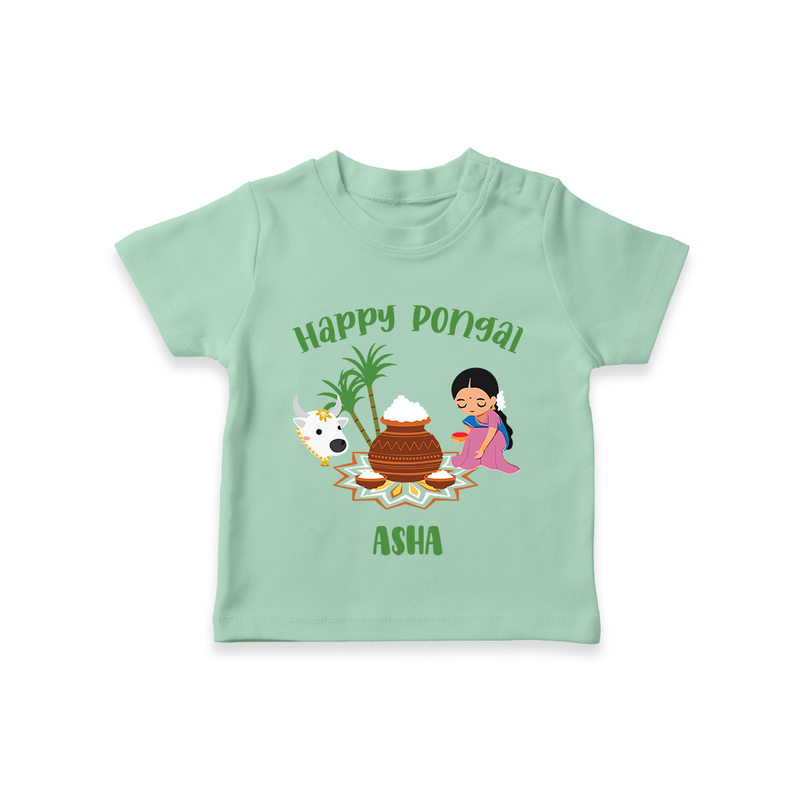 Happy Pongal - Festival Charm Customized T-Shirt for Kids with Name - MINT GREEN - 0-5 Months Old (Chest 17")