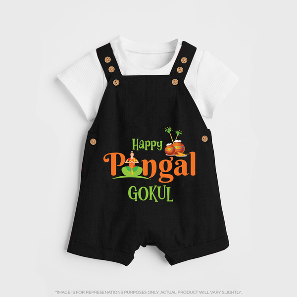 Happy Pongal - Tradition in Style Customized Dungaree Set for Kids with Name - BLACK - 0 - 5 Months Old (Chest 18")