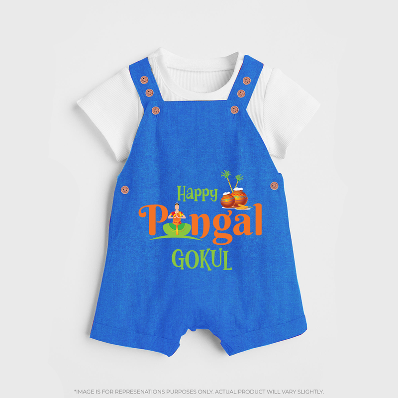 Happy Pongal - Tradition in Style Customized Dungaree Set for Kids with Name - COBALT BLUE - 0 - 5 Months Old (Chest 18")