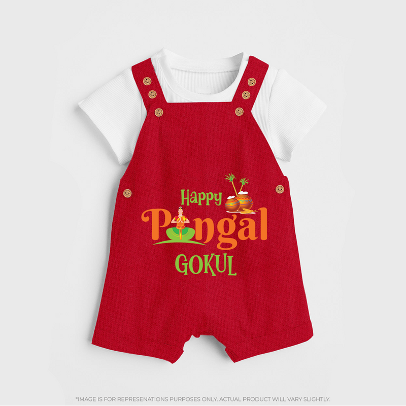 Happy Pongal - Tradition in Style Customized Dungaree Set for Kids with Name - RED - 0 - 5 Months Old (Chest 18")