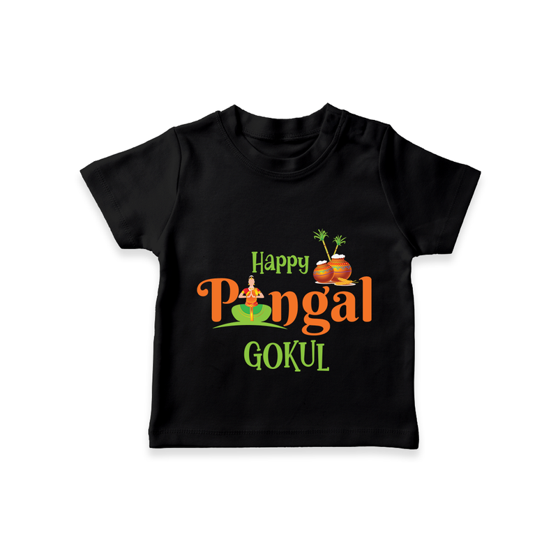 Happy Pongal - Tradition in Style Customized T-Shirt for Kids with Name - BLACK - 0-5 Months Old (Chest 17")