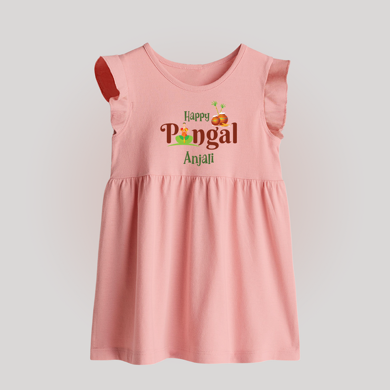 Happy Pongal - Tradition in Style Customized Baby Frock for Babies with Name - BABY PINK - 0 - 3 Months Old (Chest 17")