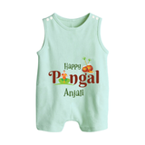 Happy Pongal - Tradition in Style Customized Romper Suit for Babies with Name - MINT GREEN - 0 - 5 Months Old (Chest 18")