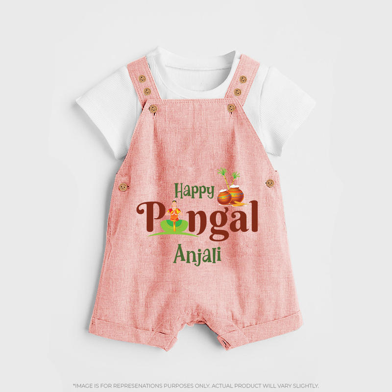 Happy Pongal - Tradition in Style Customized Dungaree Set for Kids with Name - PEACH - 0 - 5 Months Old (Chest 18")