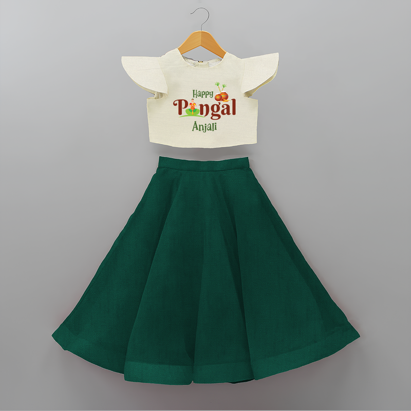 Happy Pongal - Tradition in Style Customized Crop Top And Skirt for Kids with Name - BOTTLE GREEN - 6 - 9 Months Old (Chest 20" , Frock Waist 20")