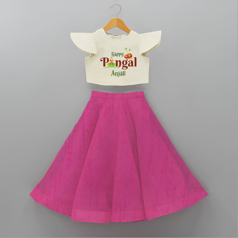 Happy Pongal - Tradition in Style Customized Crop Top And Skirt for Kids with Name - FUSCHIA - 6 - 9 Months Old (Chest 20" , Frock Waist 20")