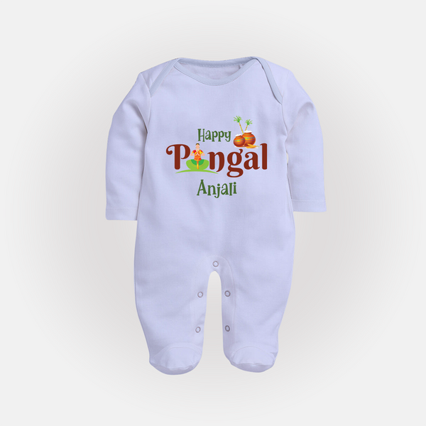 Happy Pongal - Tradition in Style Customized Sleep Suit for Babies with Name - BABY BLUE - New Born (Chest 7.5")