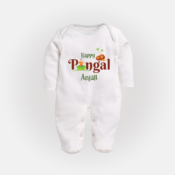 Happy Pongal - Tradition in Style Customized Sleep Suit for Babies with Name - WHITE - New Born (Chest 7.5")