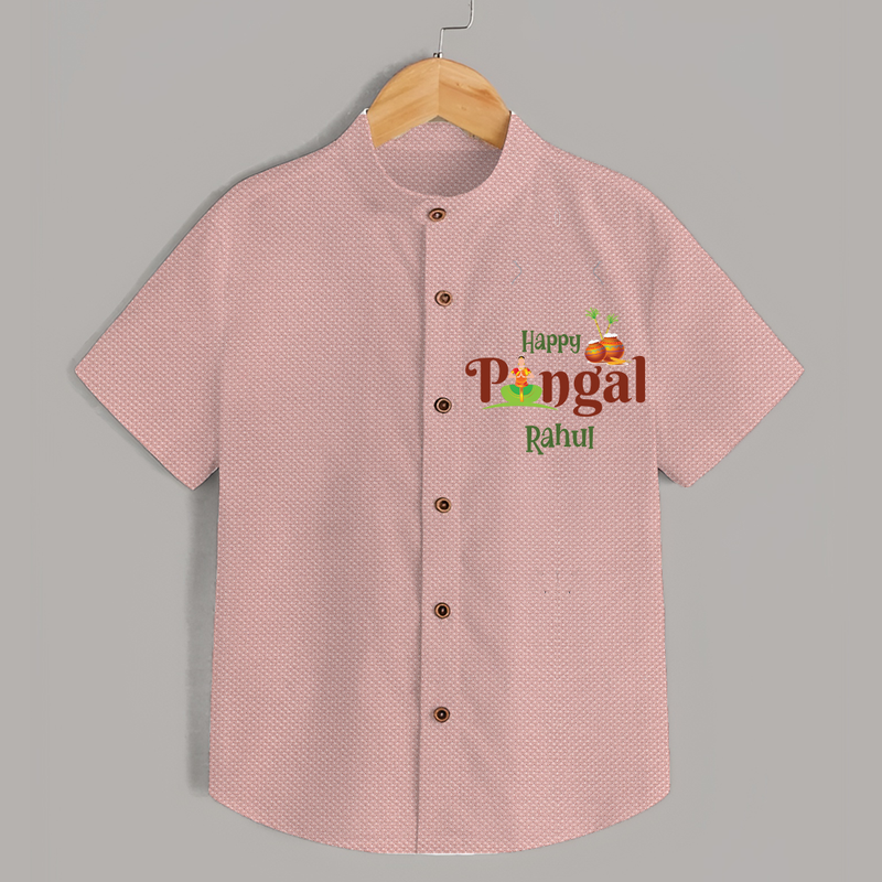 Happy Pongal - This Pongal With Our in Style Customized Shirt for Kids with Name - PEACH - 0 - 6 Months Old (Chest 23")