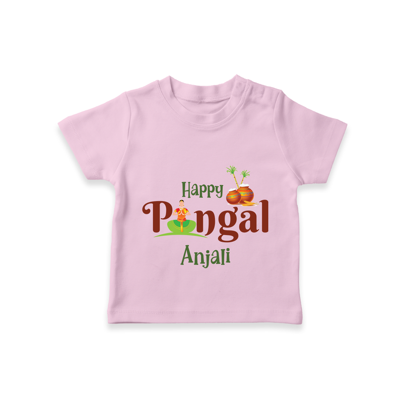 Happy Pongal - Tradition in Style Customized T-Shirt for Kids with Name - PINK - 0-5 Months Old (Chest 17")