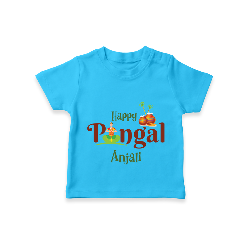 Happy Pongal - Tradition in Style Customized T-Shirt for Kids with Name - SKY BLUE - 0-5 Months Old (Chest 17")