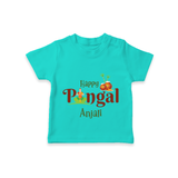 Happy Pongal - Tradition in Style Customized T-Shirt for Kids with Name - TEAL - 0-5 Months Old (Chest 17")