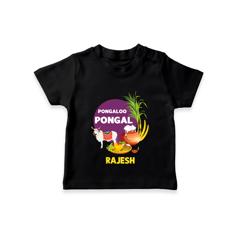 Pongalo Pongal - Harvest Joy Customized T-Shirt for Kids with Name - BLACK - 0-5 Months Old (Chest 17")