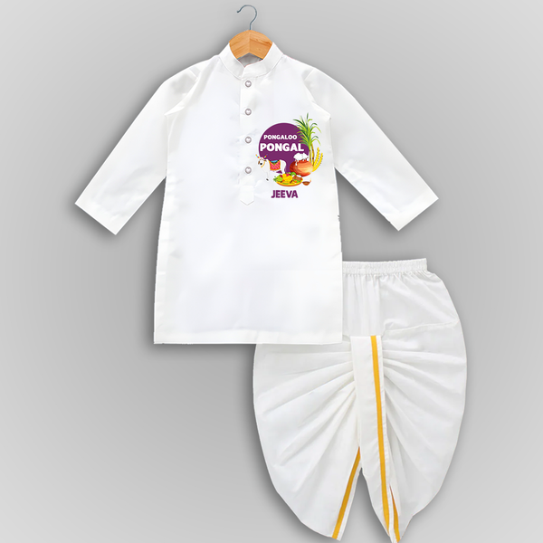 Pongalo Pongal - Harvest Joy Customized Drapped Dhoti for Kids with Name - WHITE - 0 - 6 Month Old (Chest 24", Kurta Length 14" , Waist 19", Dhoti Length 14")