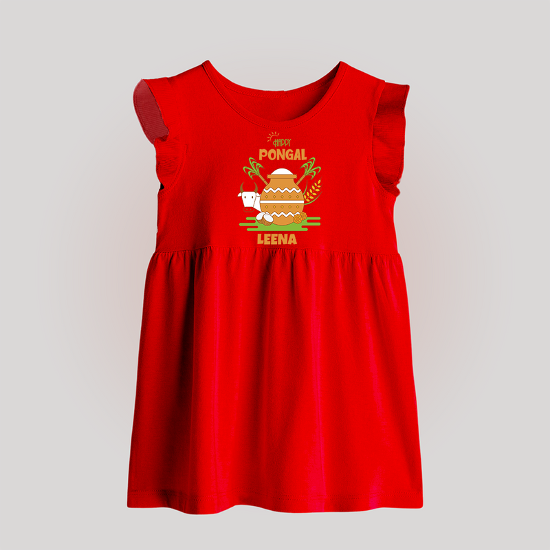 Happy Pongal - Celebrate Tradition Customized Baby Frock for Babies with Name - RED - 0 - 3 Months Old (Chest 17")