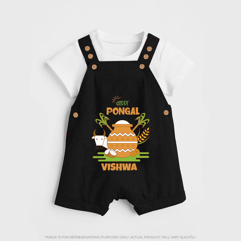 Happy Pongal - Celebrate Tradition Customized Dungaree Set for Kids with Name - BLACK - 0 - 5 Months Old (Chest 18")