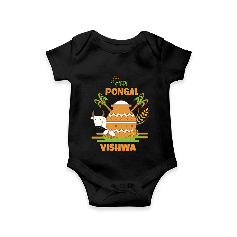 Happy Pongal - Celebrate Tradition Customized Romper for Babies with Name - BLACK - 0 - 3 Months Old (Chest 16")