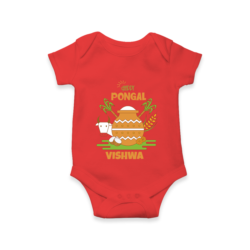 Happy Pongal - Celebrate Tradition Customized Romper for Babies with Name - RED - 0 - 3 Months Old (Chest 16")